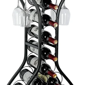 14 Bottle Freestanding Floor Wine Rack with Wood Tabletop and Glass Holder, Black