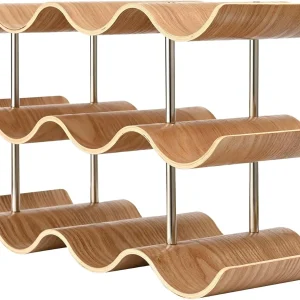 3 Tier Wavy Countertop Wine Rack, 12 Bottle Wood Storage Rack, Natural Wood