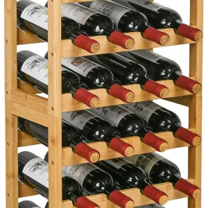6 Tier Bamboo Floor Wine Rack with Table Top, 24 Bottle Display Shelves, Natural