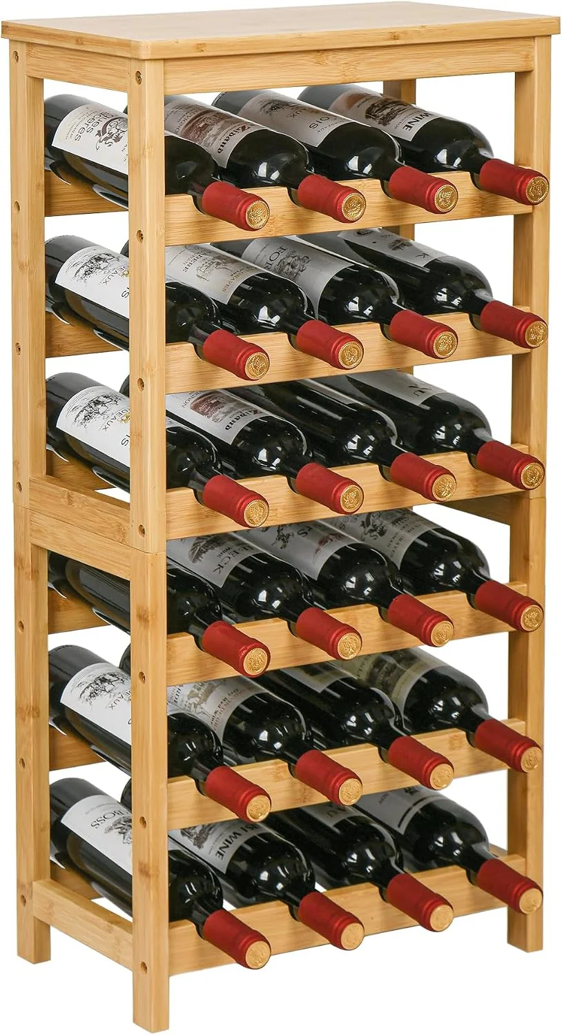 6 Tier Bamboo Floor Wine Rack with Table Top, 24 Bottle Display Shelves, Natural