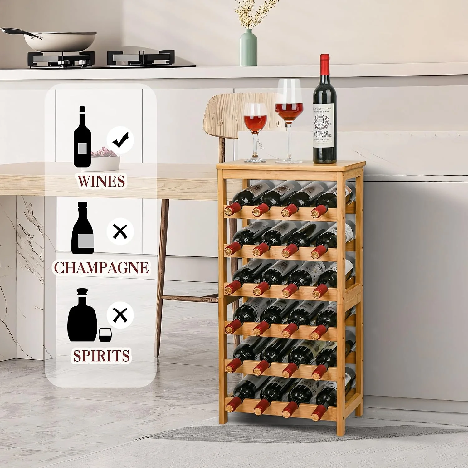 6 Tier Bamboo Floor Wine Rack with Table Top, 24 Bottle Display Shelves, Natural - image 2