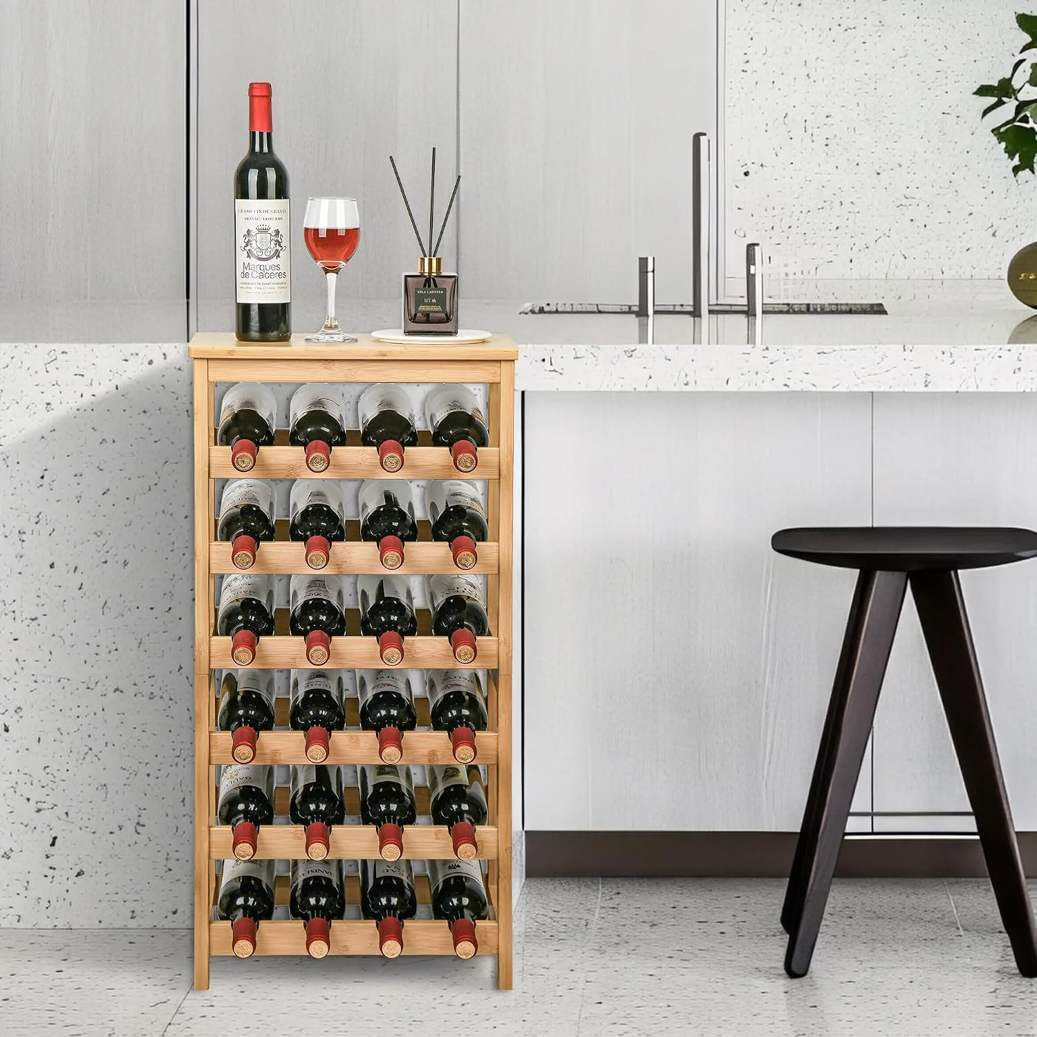 6 Tier Bamboo Floor Wine Rack with Table Top, 24 Bottle Display Shelves, Natural - image 3
