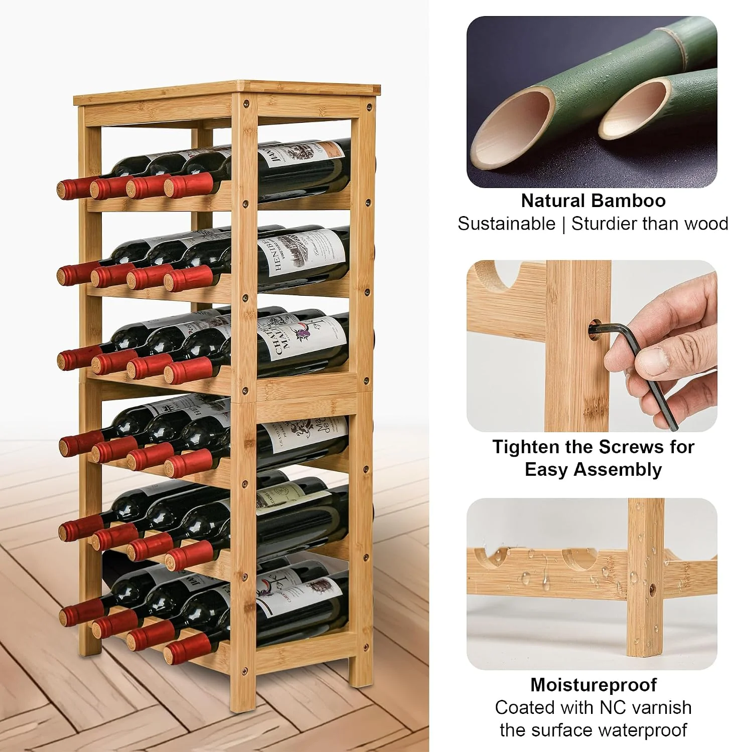 6 Tier Bamboo Floor Wine Rack with Table Top, 24 Bottle Display Shelves, Natural - image 5