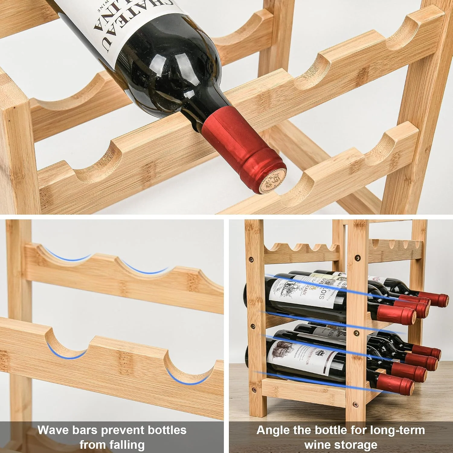 6 Tier Bamboo Floor Wine Rack with Table Top, 24 Bottle Display Shelves, Natural - image 6