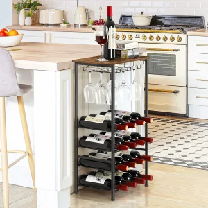 Freestanding Floor Wine Rack with Storage Shelves, Rustic Wood Bottle Holder, Rustic Brown