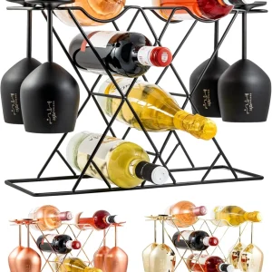 Small Countertop Wine Rack for 8 Bottles and 4 Glasses, Black