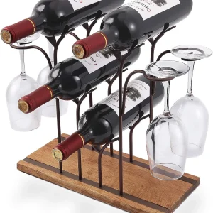 Tabletop Wood Wine Holder for 4 Bottles and 4 Glasses, Bronze