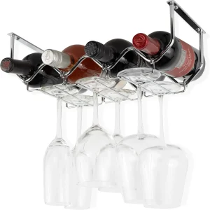 Under Cabinet Wine Rack and Glass Holder, 4 Bottle Metal Organizer, Chrome