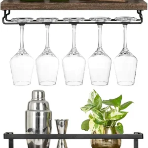 Wall Mounted Wine Rack with Stemware Holder and Wood Shelf, 2 Pack, Brown and Black